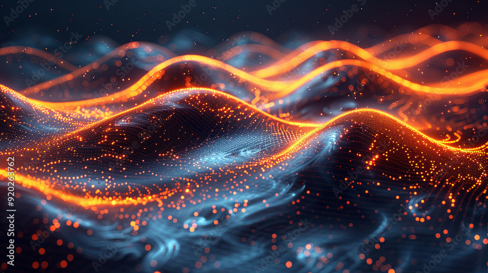 AI's Data Flow Odyssey, Glowing Lines and Dots in Waves, Swirling Patterns, and Sound Waves, Contrasting Bright Colors against a Dark Canvas, Representing Technological Fluidity and Creativity. AI's Data Flow Odyssey, Glowing Lines and Dots in Waves, Swirling Patterns, and Sound Waves, Contrasting Bright Colors against a Dark Canvas, Representing Technological Fluidity and Creativity.