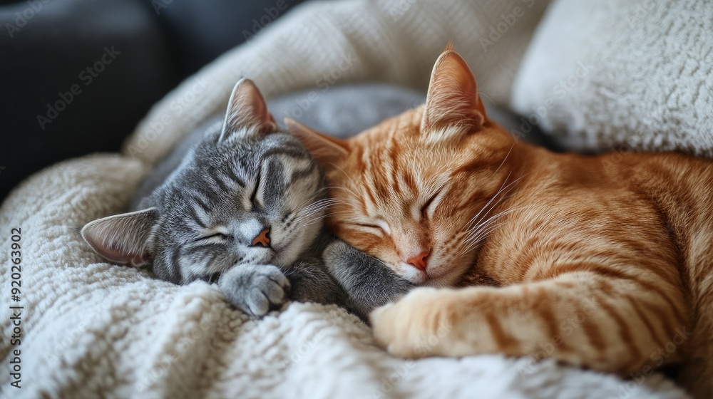 A cozy scene of a Red Scottish Fold and a British Shorthair Silver Tabby cat lounging together on a soft sofa. A cozy scene of a Red Scottish Fold and a British Shorthair Silver Tabby cat lounging together on a soft sofa.
