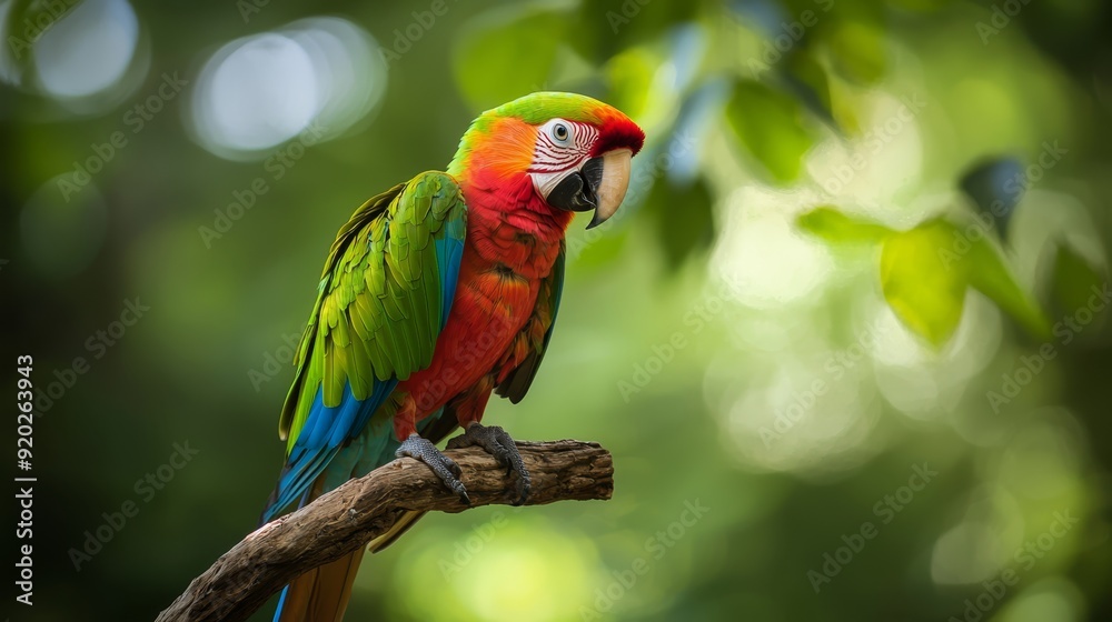 A vibrant parrot atop a tree branch, adjacent to a lush, green branch, against a softly blurred backdrop A vibrant parrot atop a tree branch, adjacent to a lush, green branch, against a softly blurred backdrop