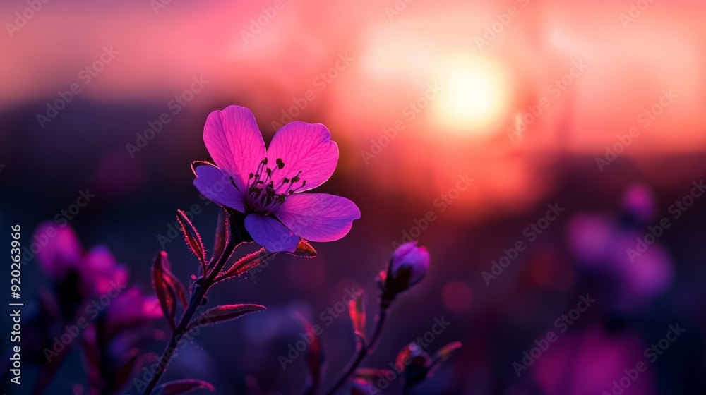 A pink flower, sharply focused, against a backdrop of the sun Foreground softly blurred A pink flower, sharply focused, against a backdrop of the sun Foreground softly blurred