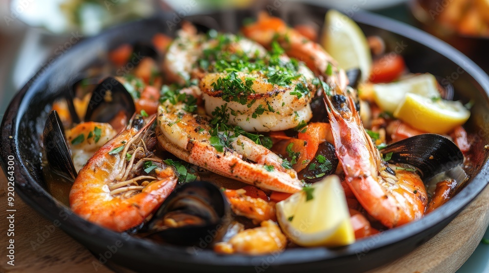 A delicious seafood dish cooked to perfection, served for lunch or dinner with a side of vegetables and lemon wedges. A delicious seafood dish cooked to perfection, served for lunch or dinner with a side of vegetables and lemon wedges.