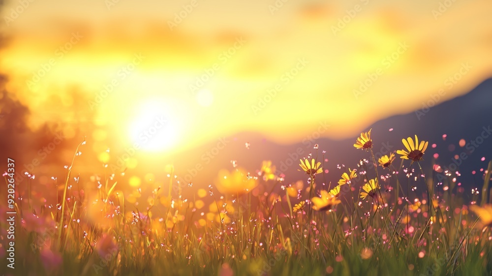 A vibrant sunrise over a meadow filled with wildflowers, creating a serene and peaceful landscape perfect for nature lovers. A vibrant sunrise over a meadow filled with wildflowers, creating a serene and peaceful landscape perfect for nature lovers.