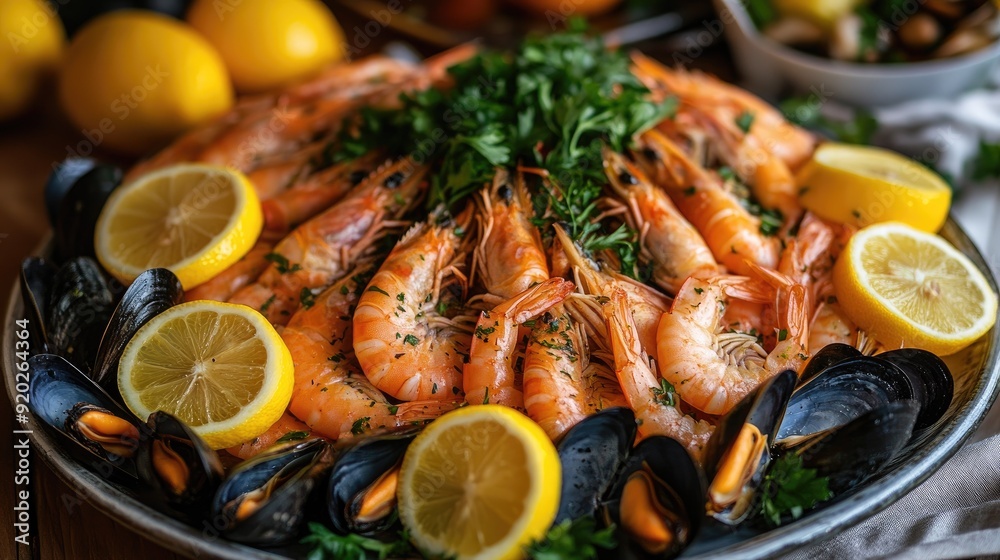 A delicious seafood platter of shrimp and mussels, artfully arranged with lemon slices on a large plate. A delicious seafood platter of shrimp and mussels, artfully arranged with lemon slices on a large plate.