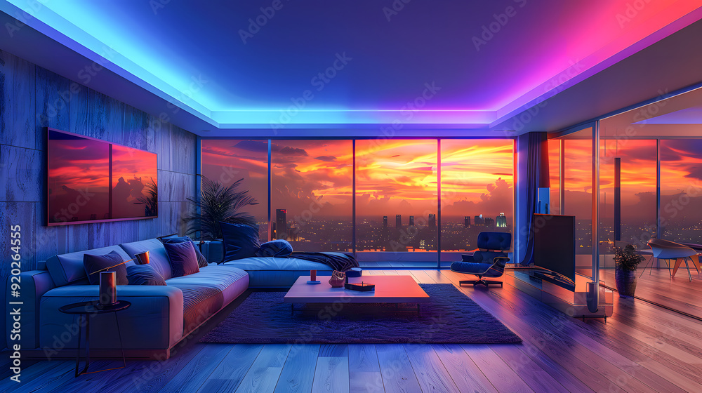 Home cinema, living room with colored LED lighting
Home cinema, living room with colored LED lighting