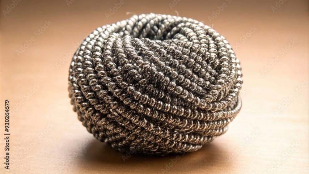 Close-up of a ball of steel wool, a common household cleaning tool, with unraveling threads and a metallic sheen against a neutral background. Close-up of a ball of steel wool, a common household cleaning tool, with unraveling threads and a metallic sheen against a neutral background.