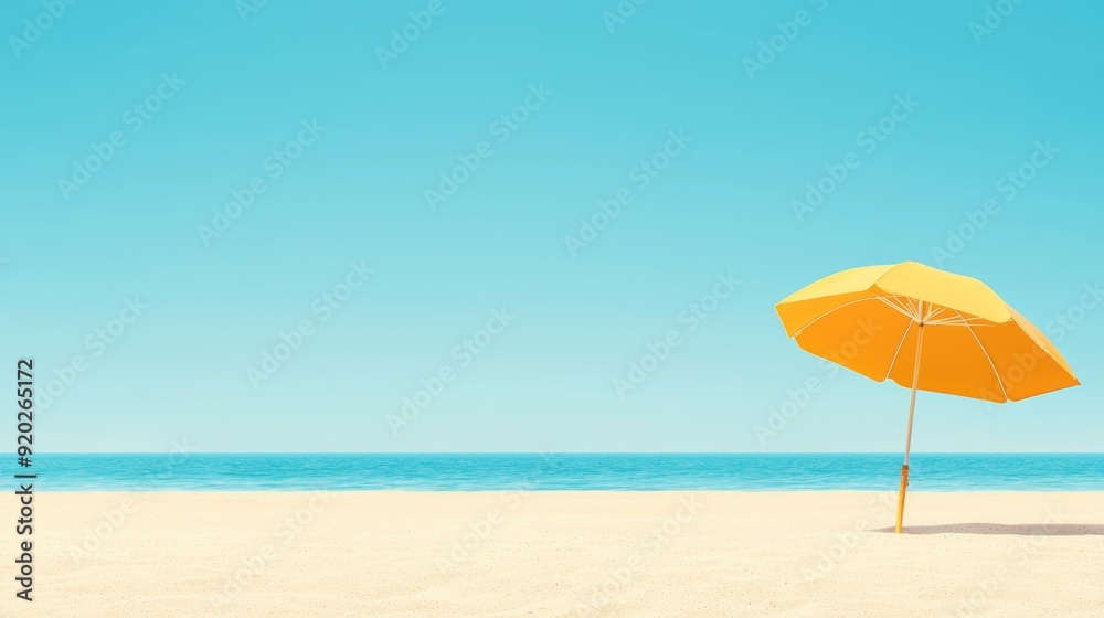 A vibrant yellow umbrella stands alone on a sandy beach under a clear blue sky, offering a perfect spot for relaxation by the ocean. A vibrant yellow umbrella stands alone on a sandy beach under a clear blue sky, offering a perfect spot for relaxation by the ocean.
