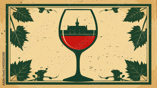 Artistic Wine Glass with Winery Silhouette and Vine Leaves Framed in Vintage Style on Tan Background