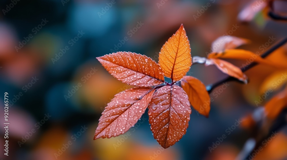  A tree branch's leaf up-close with water drops, background softly blurred