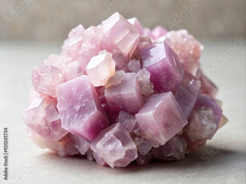 Soft pink lepidolite crystals cluster together, their delicate, layered structure and subtle shimmer captivating against a neutral background, evoking a sense of gentle, soothing tranquility.