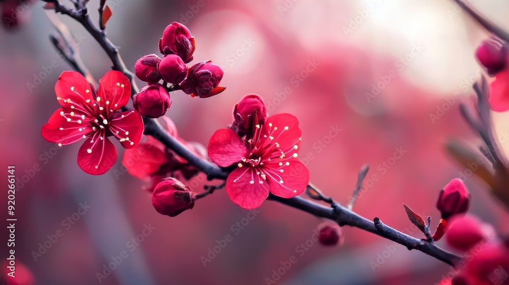 A branch adorned with red flowers against a backdrop of indistinct red leaves and branches A branch adorned with red flowers against a backdrop of indistinct red leaves and branches