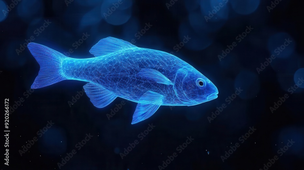 A glowing blue fish swimming gracefully in dark water, showcasing its translucent beauty and serene underwater environment. A glowing blue fish swimming gracefully in dark water, showcasing its translucent beauty and serene underwater environment.