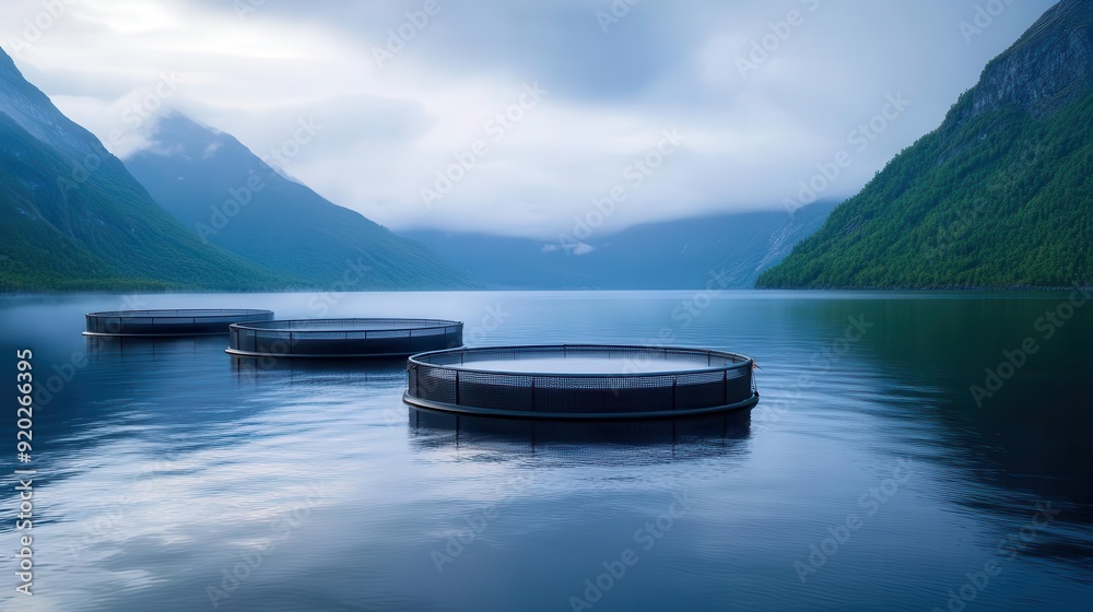 Fototapeta premium A serene landscape featuring circular platforms on a tranquil lake surrounded by majestic mountains under a cloudy sky.