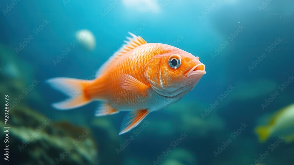 A vibrant orange fish swimming gracefully in crystal clear water, showcasing its beauty in the underwater world. A vibrant orange fish swimming gracefully in crystal clear water, showcasing its beauty in the underwater world.