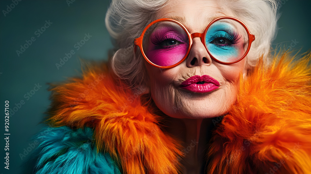 A glamorous elderly woman with vibrant hair and bold glasses, exuding confidence and style.