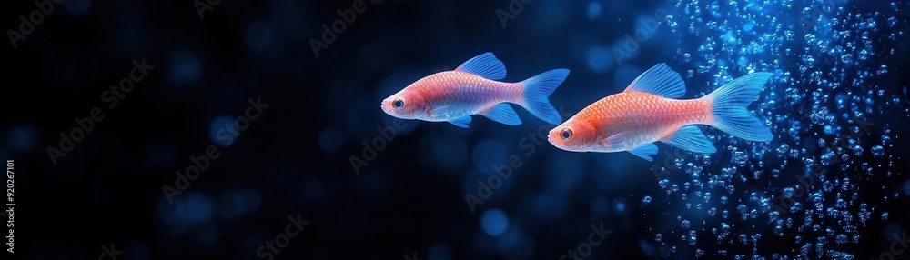 Fototapeta premium Two vibrant goldfish swimming gracefully in a serene blue underwater environment full of bubbles.