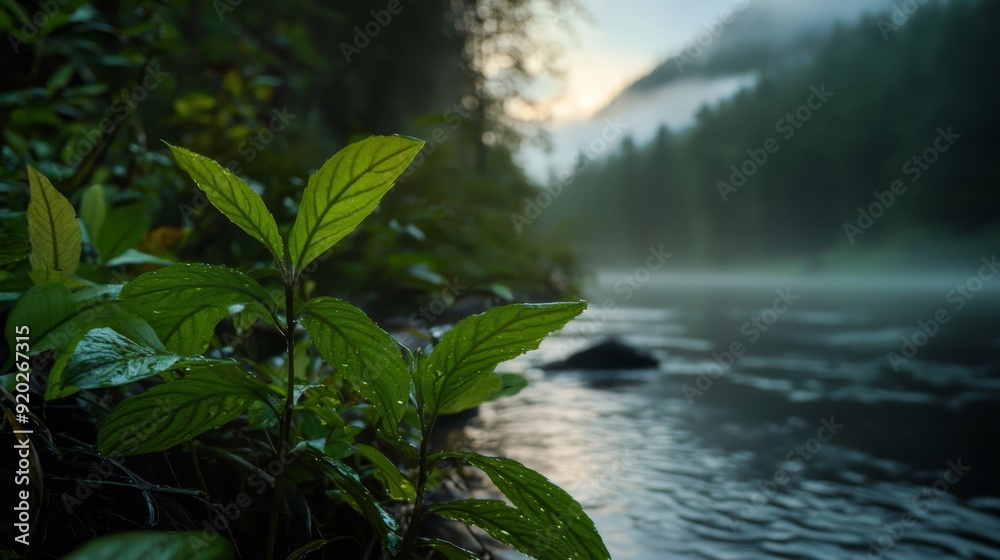A tight shot of a waterside plant, teeming with leaves, framed by a mountainous backdrop in the distance A tight shot of a waterside plant, teeming with leaves, framed by a mountainous backdrop in the distance