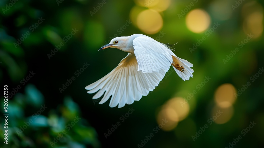 A white bird flies through the air, wings spread, and head up A white bird flies through the air, wings spread, and head up