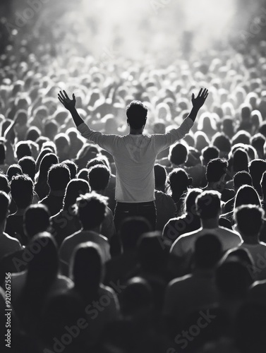 Crowd scene with one person standing out