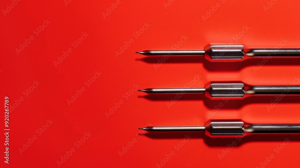 Three Metallic Tools Aligned on a Red Background Three Metallic Tools Aligned on a Red Background