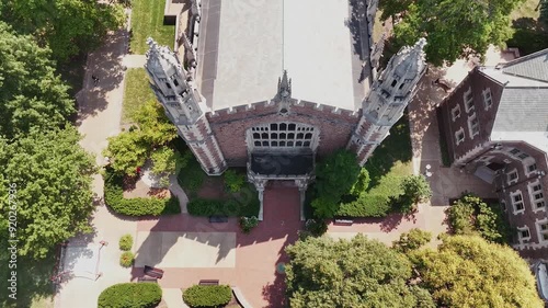 Birds-eye view of Graham Chapel Church at Washington University in St. Louis, Missouri inside of a college campus.