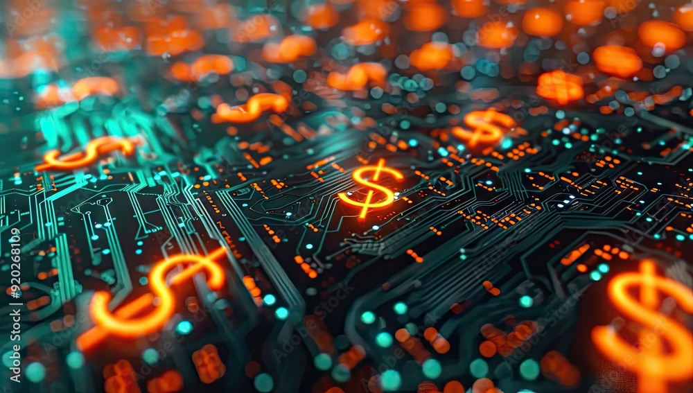 Fototapeta premium Digital Currency: A Circuit Board with Glowing Dollar Symbols