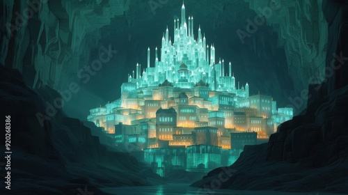 Fantasy city built within a giant crystal cavern, crystal city, underground wonder