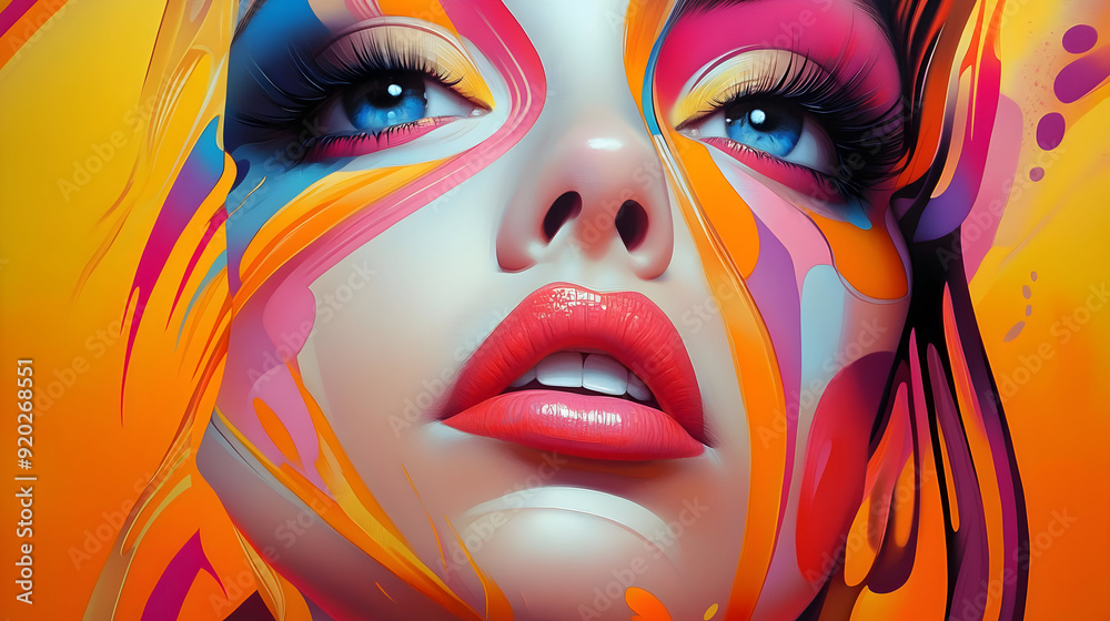 Fototapeta premium A vibrant, artistic portrait featuring bold colors and expressive facial features.