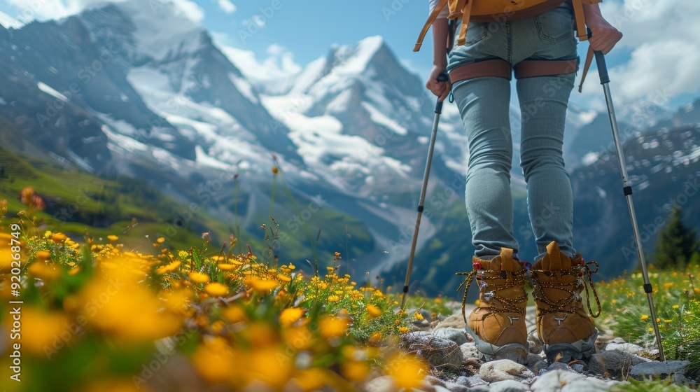 Well Equipped Hiker Preparing for Expedition in Swiss Alps with Mountain Backdrop Well Equipped Hiker Preparing for Expedition in Swiss Alps with Mountain Backdrop