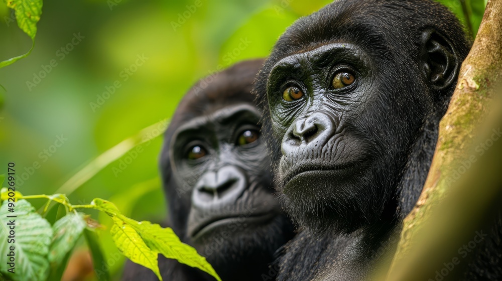 A sad monkey's close-up gaze from a tree, focused on something below A sad monkey's close-up gaze from a tree, focused on something below