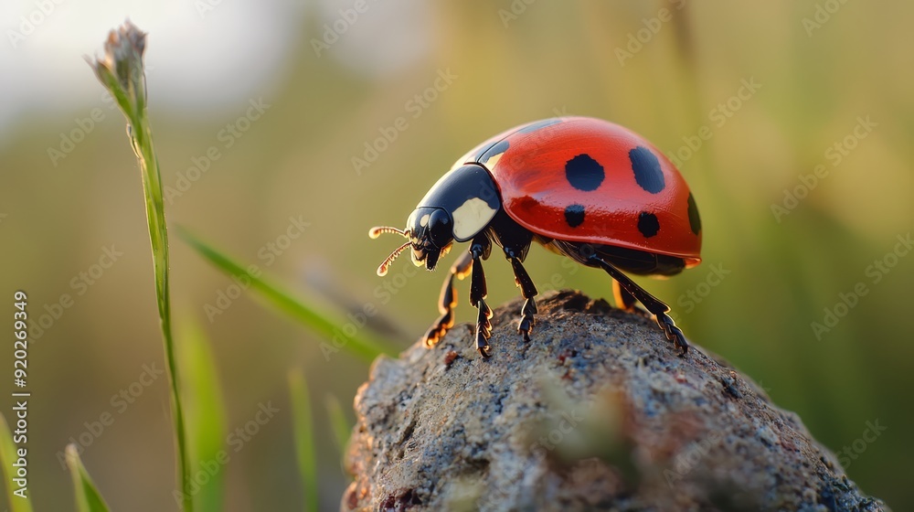 A ladybug atop a rock amidst background grass, a bug in the foreground A ladybug atop a rock amidst background grass, a bug in the foreground