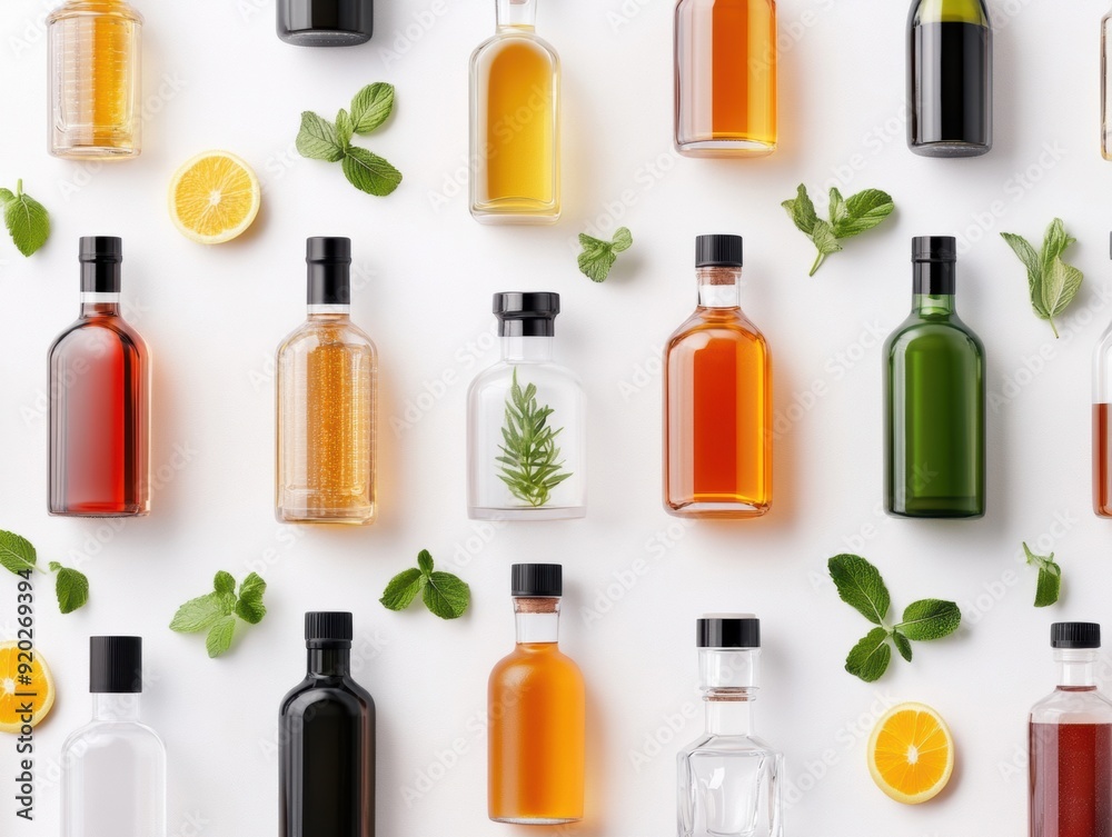 Cocktail ingredients and liqueur bottles are arranged in a creative fusion pattern from a top-down view, showcasing an artistic and organized layout. Cocktail ingredients and liqueur bottles are arranged in a creative fusion pattern from a top-down view, showcasing an artistic and organized layout.