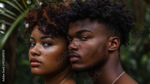  A man and a woman stand before a lush, green backdrop, both adorned with necklaces