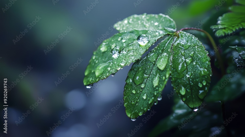 A tight shot of a green leaf, dotted with water droplets, against a softly blurred backdrop of similarly wet leaves A tight shot of a green leaf, dotted with water droplets, against a softly blurred backdrop of similarly wet leaves
