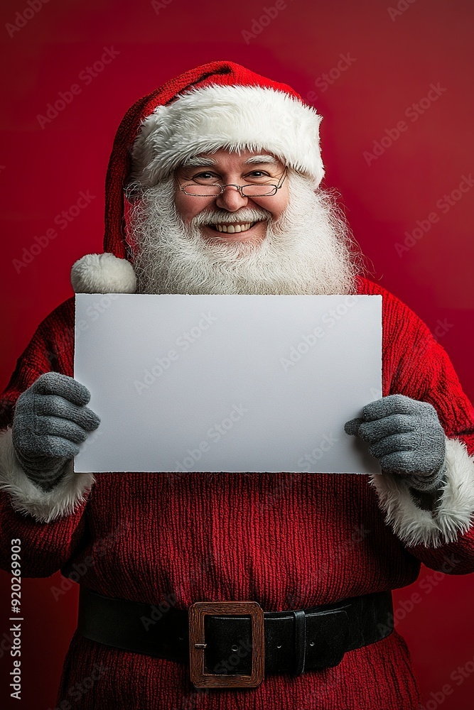 Naklejka premium Image of a chubby, adorable Santa Claus with glasses holding a blank poster in his hands.