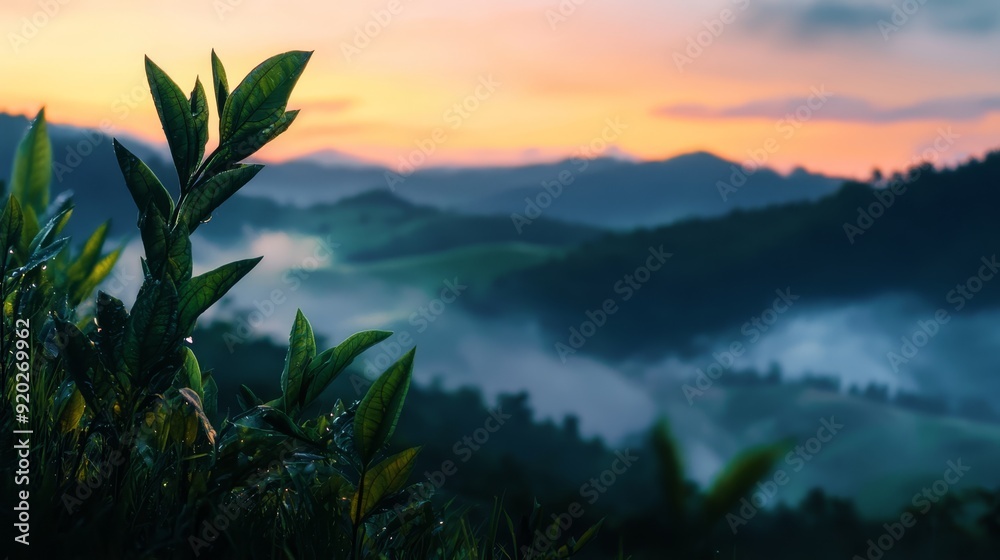 A fog-veiled valley displays trees in the foreground, sunset in the background, and distant clouds A fog-veiled valley displays trees in the foreground, sunset in the background, and distant clouds