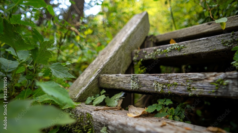 A wooden bench sits in the heart of a verdant forest, teeming with numerous green plants, some sprouting from its surface A wooden bench sits in the heart of a verdant forest, teeming with numerous green plants, some sprouting from its surface
