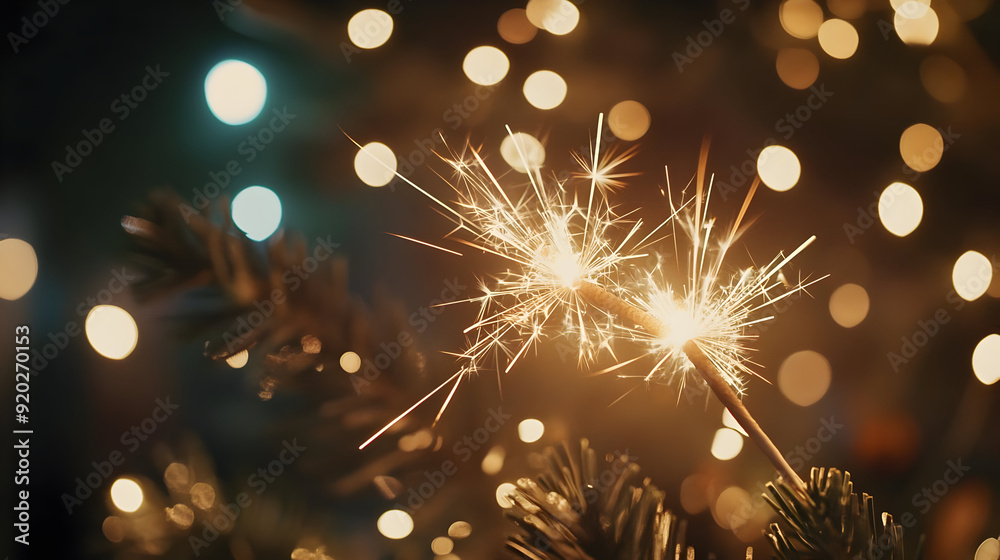 Fototapeta premium Sparkler on Christmas Tree with Bokeh Lights Photo