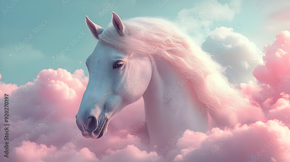 A majestic white horse emerging from soft pink clouds, evoking a dreamy atmosphere. A majestic white horse emerging from soft pink clouds, evoking a dreamy atmosphere.
