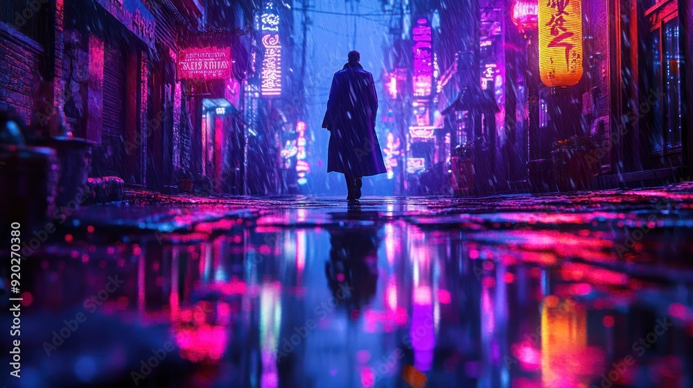 Neon Lights Reflecting on Wet Pavement Neon Lights Reflecting on Wet Pavement