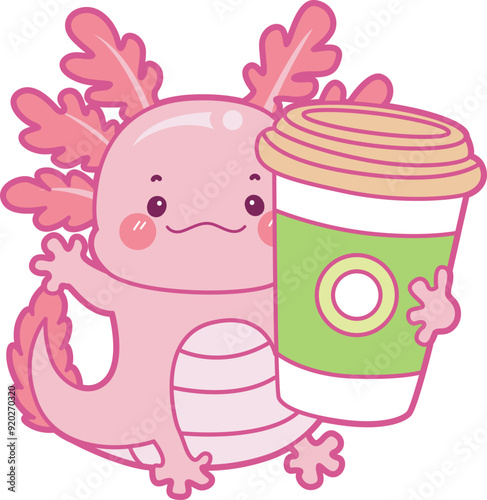 Illustration of cute axolotl activities icon.
Funny pink axolotl in daily routine stickers.

