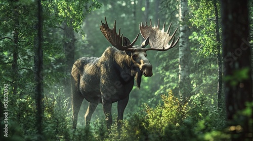 A proud Shiras moose standing in a Wyoming forest, surrounded by lush greenery and the sounds of nature. photo