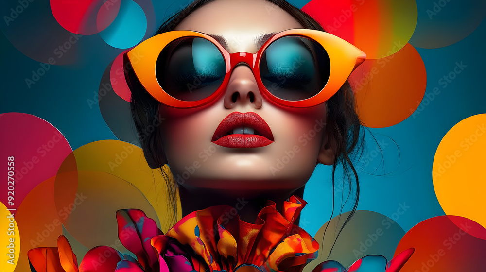 A stylish woman in vibrant sunglasses and floral attire against a colorful background. A stylish woman in vibrant sunglasses and floral attire against a colorful background.