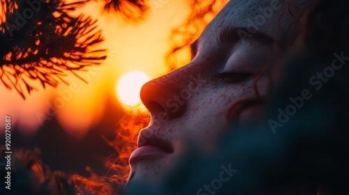  A woman's face, tightly framed, as the sun sets behind her A pine tree stands prominently in the foreground