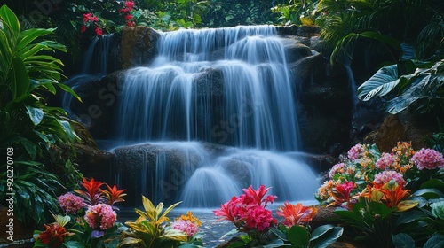 Tranquil Waterfall with Vibrant Flowers