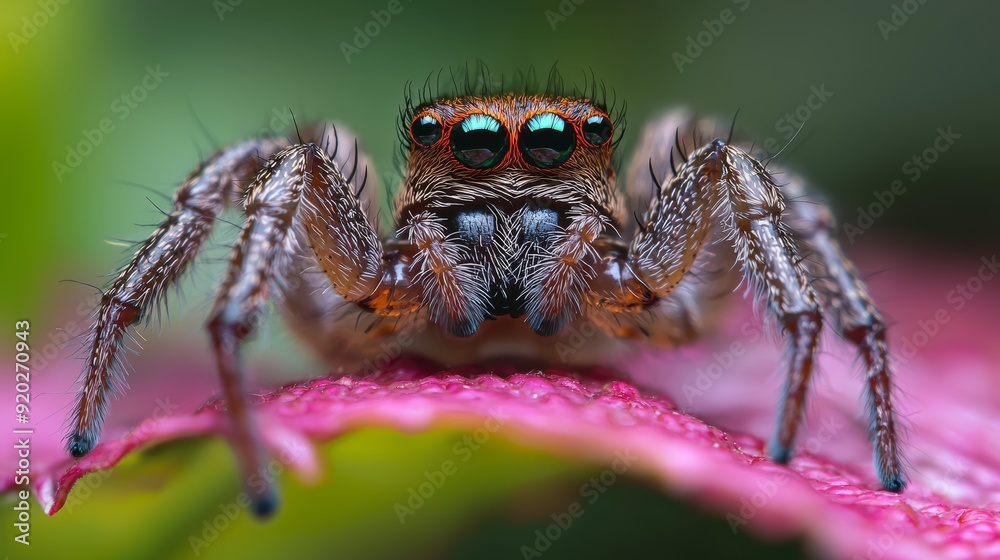 A tight shot of a jumping spider on a pink blossom against a hazy backdrop of green and pink A tight shot of a jumping spider on a pink blossom against a hazy backdrop of green and pink