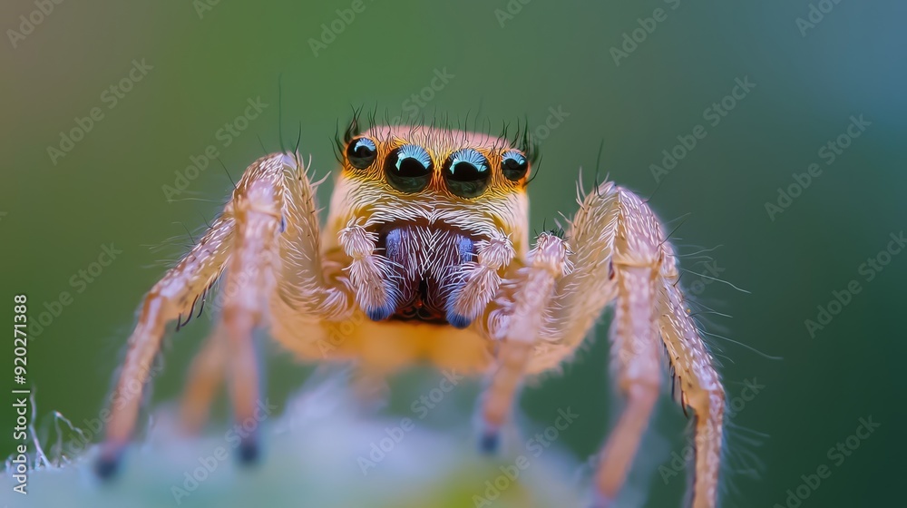 A tight shot of a jumping spider, eyes fixed and wide, perched on a flower stem against a softly blurred backdrop A tight shot of a jumping spider, eyes fixed and wide, perched on a flower stem against a softly blurred backdrop