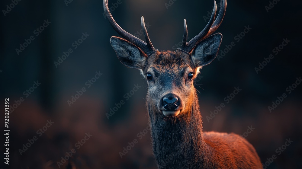  A deer's face, tightly framed, features antlers atop its head Background softly blurred