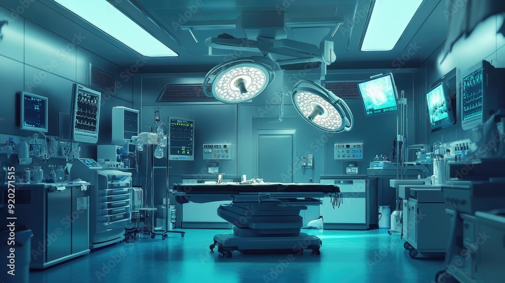 A state-of-the-art operating room filled with advanced medical equipment and devices, ready for surgery. A state-of-the-art operating room filled with advanced medical equipment and devices, ready for surgery.