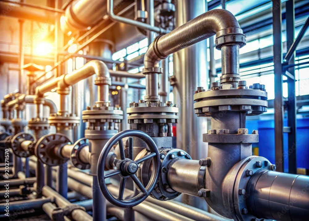 Industrial metal pipes with valves and fittings interconnected in a complex network, conveying fluids or gases, against a blurred factory or construction background. Industrial metal pipes with valves and fittings interconnected in a complex network, conveying fluids or gases, against a blurred factory or construction background.