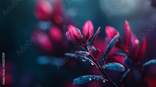  A red plant with water droplets on its leaves and a blurred backdrop of red and blue leaves photo